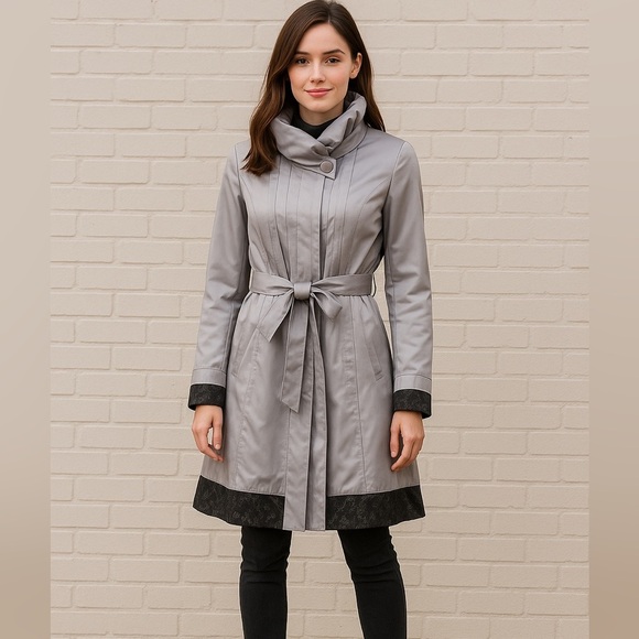 C2 Studio Velvet‎ Trim Trench Coat  Size Medium, Gray - Picture 1 of 6